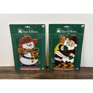 Vintage Santa Claus & Snowman Plastic Suncatcher Set Christmas KMart Sun Catcher